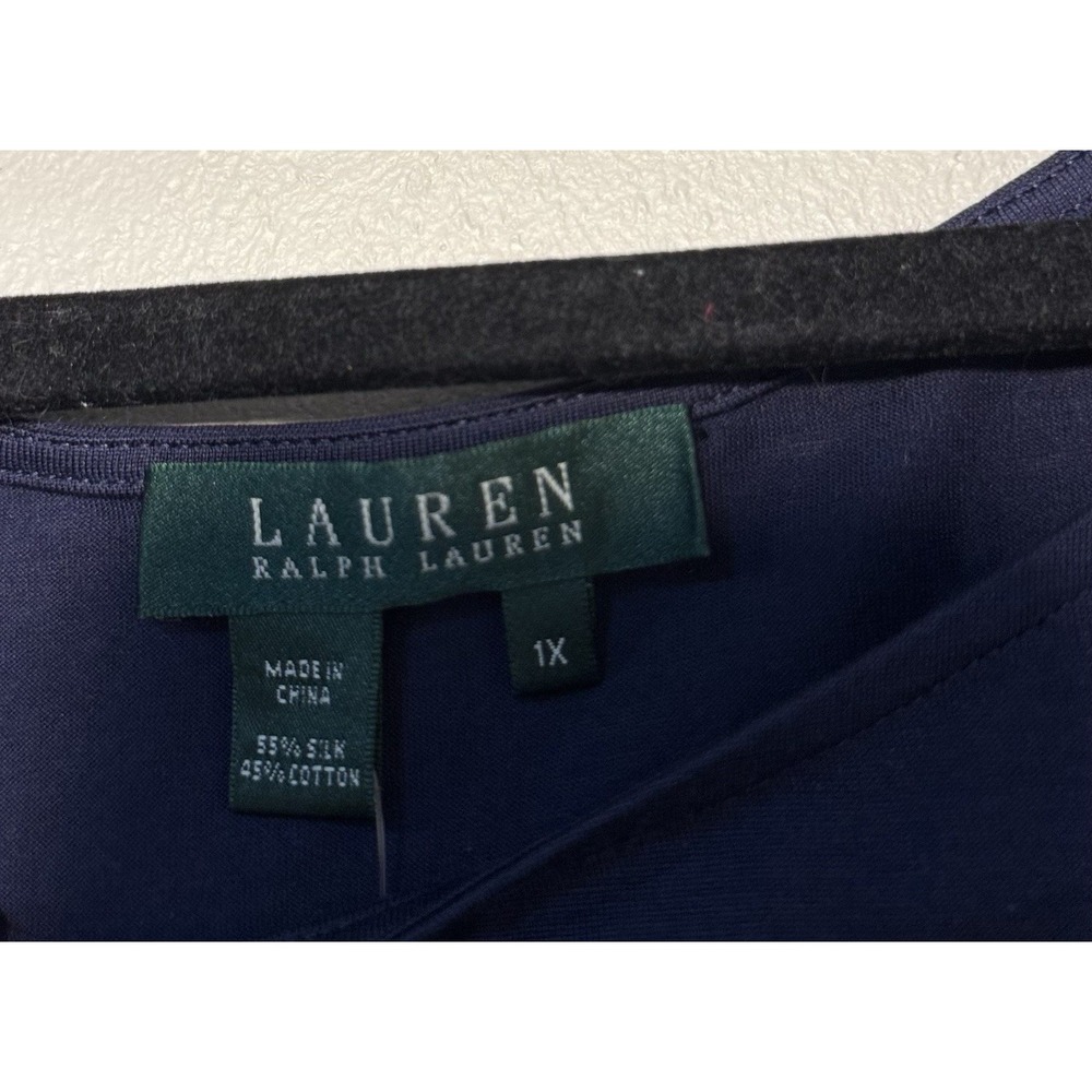 Lauren Ralph Lauren Crew Neck Shirt Women's 1X Navy Blue Silk Blend Lightweight - Picture 2 of 6